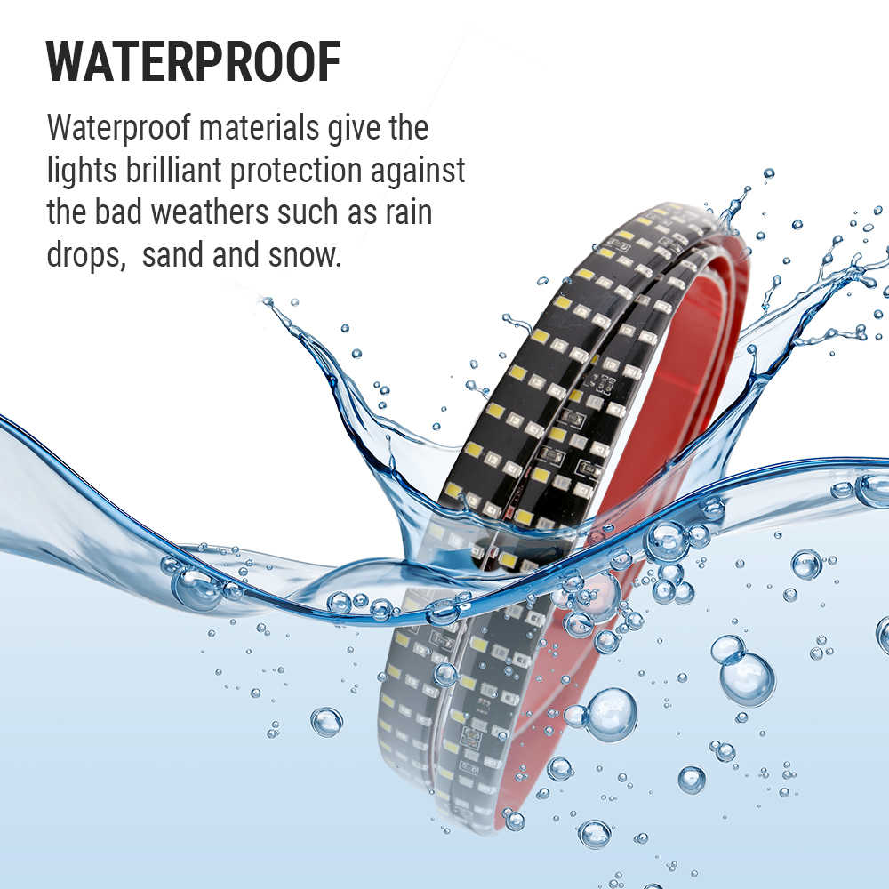 LED strip lights being submerged in water with text about waterproof materials.
