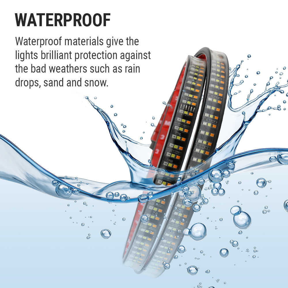 LED light bars with water splashes and text about waterproof materials