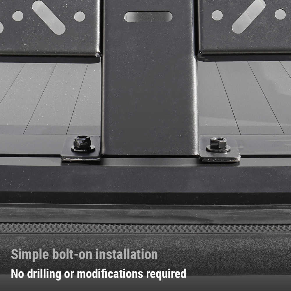 Close-up of a black metal mounting bracket installed onto a vehicle window frame, with text at the bottom reading 'Simple bolt-on installation' and 'No drilling or modifications required.'.