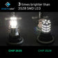 Two LED bulbs with 'SYNETIC USA' branding, one labeled 'CHIP 3535' and the other 'CHIP 3528', on a dark background.