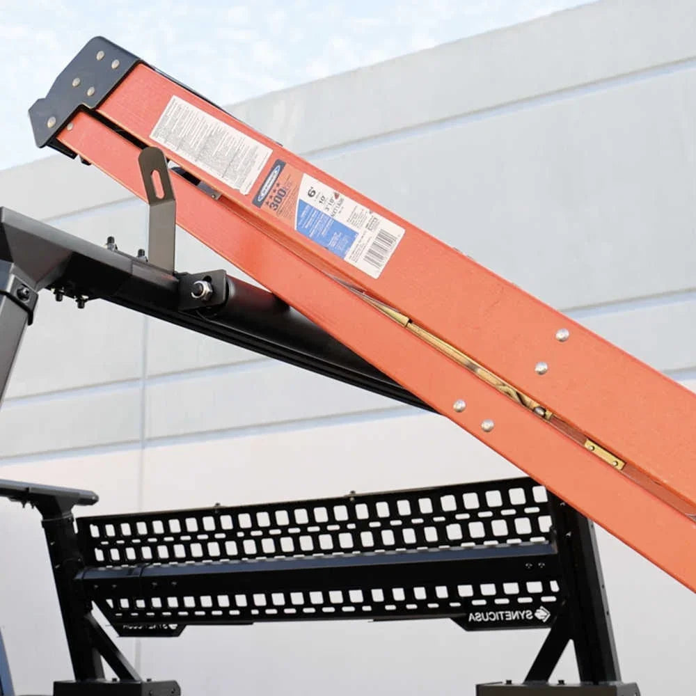 Orange ladder and black ladder roller with a white label against a light gray background