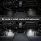 A split comparison of a car interior before and after installing lighted floor mats. The top half shows dark, dimly lit floor mats in the driver's and passenger's seats.