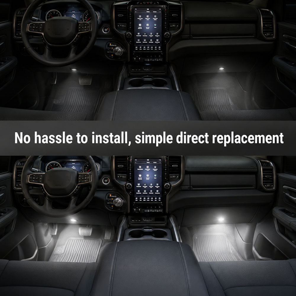 A split comparison of a car interior before and after installing lighted floor mats. The top half shows dark, dimly lit floor mats in the driver's and passenger's seats.