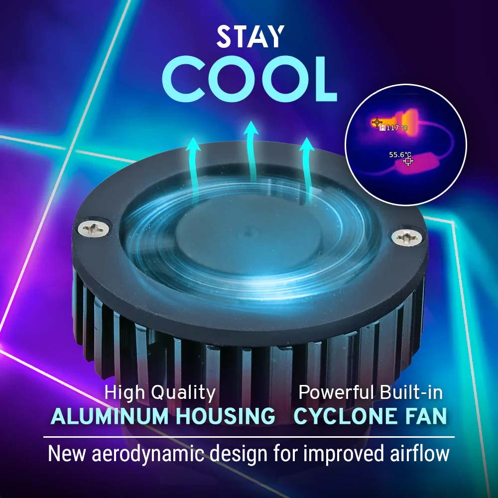 Heat sink with text 'Stay Cool' and features highlighted on a dark background