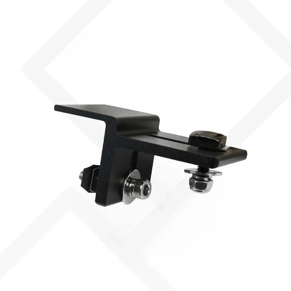 A black metal mounting bracket with silver bolts and nuts, shown on a white background with a faint gray geometric watermark.