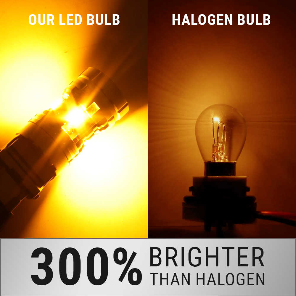 A split comparison graphic showing an LED bulb on the left and a halogen bulb on the right, with text reading 'OUR LED BULB', 'HALOGEN BULB', and '300% BRIGHTER THAN HALOGEN'.