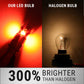 A promotional comparison graphic showing a close-up of a glowing LED bulb on the left emitting bright red and yellow light, and a standard halogen bulb on the right glowing warmer and dimmer. Text at the top reads 'OUR LED BULB' and 'HALOGEN BULB,' and a banner at the bottom says '300% BRIGHTER THAN HALOGEN.