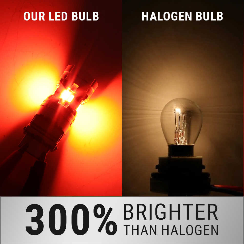 A promotional comparison graphic showing a close-up of a glowing LED bulb on the left emitting bright red and yellow light, and a standard halogen bulb on the right glowing warmer and dimmer. Text at the top reads 'OUR LED BULB' and 'HALOGEN BULB,' and a banner at the bottom says '300% BRIGHTER THAN HALOGEN.