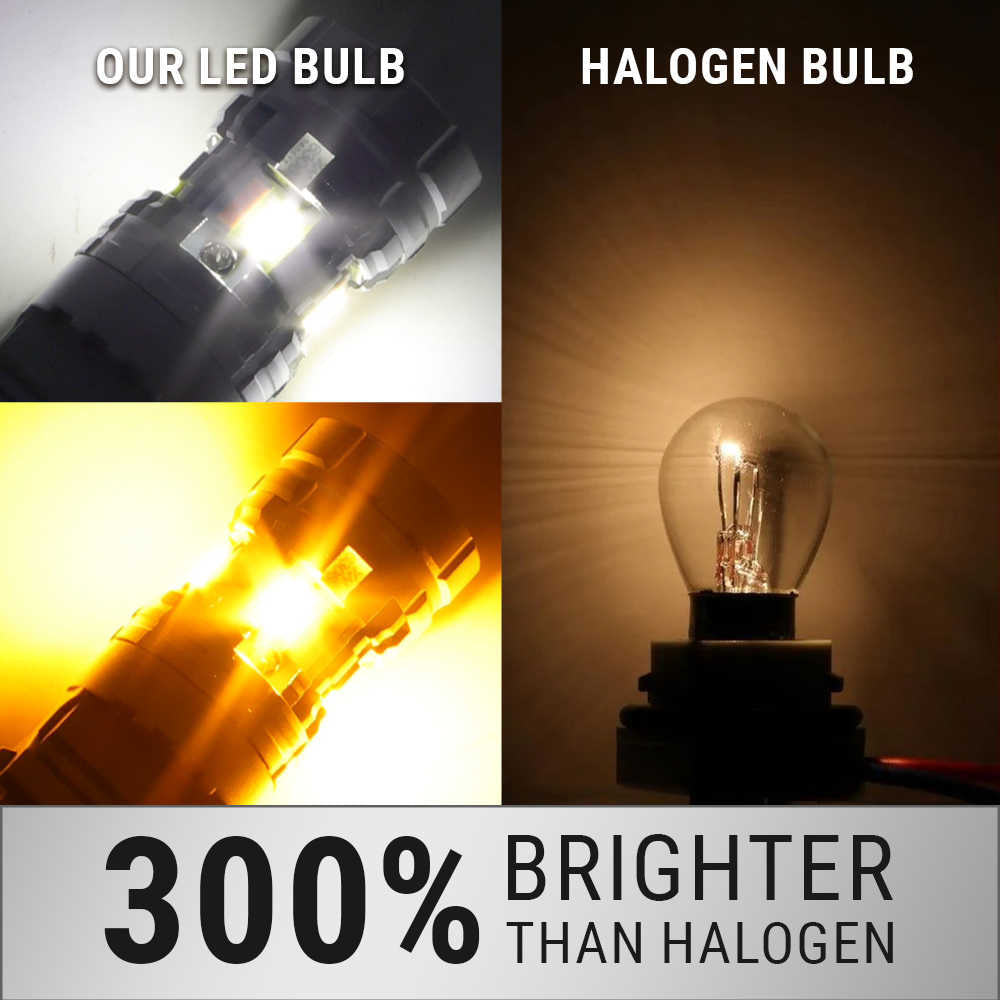A promotional comparison graphic for a bulb type. The left side shows a close-up of a black LED bulb with bright white and yellow light emission, labeled 'OUR LED BULB'.