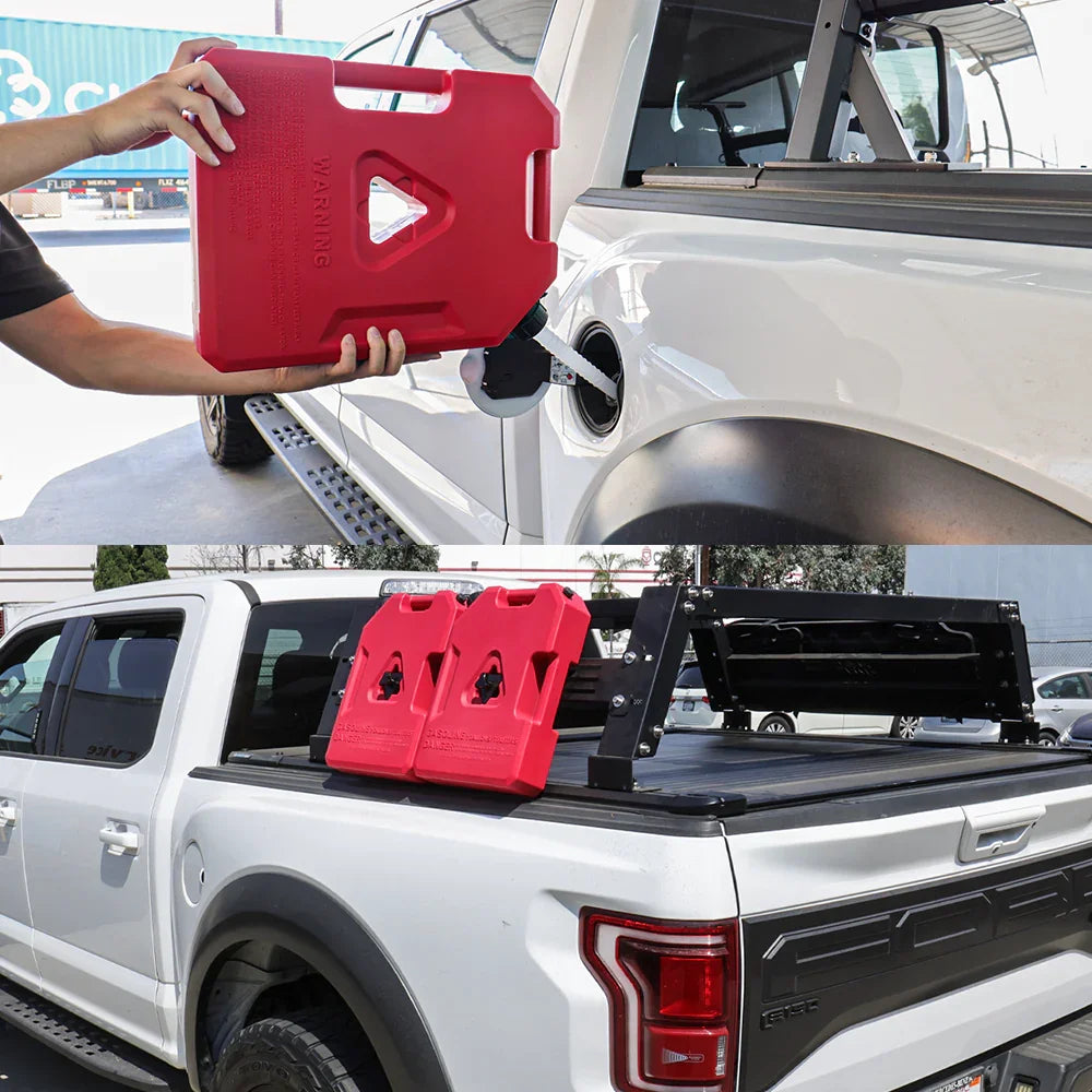 showcase red 2 gallon gas tank using in action and installed on syneticusa rack system