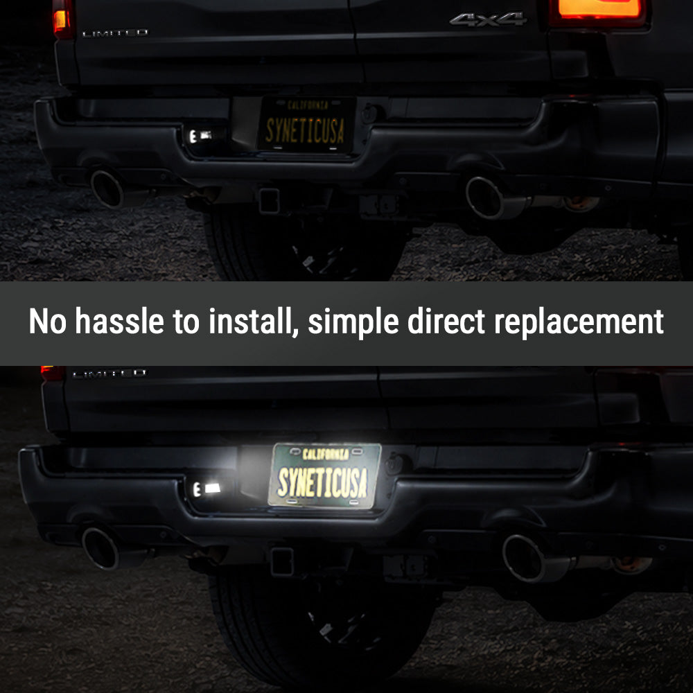 A rear view of a black truck showing a small rectangular light mounted near the license plate area. The top and bottom panels show the light in different positions, with a central text banner reading 'No hassle to install, simple direct replacement.