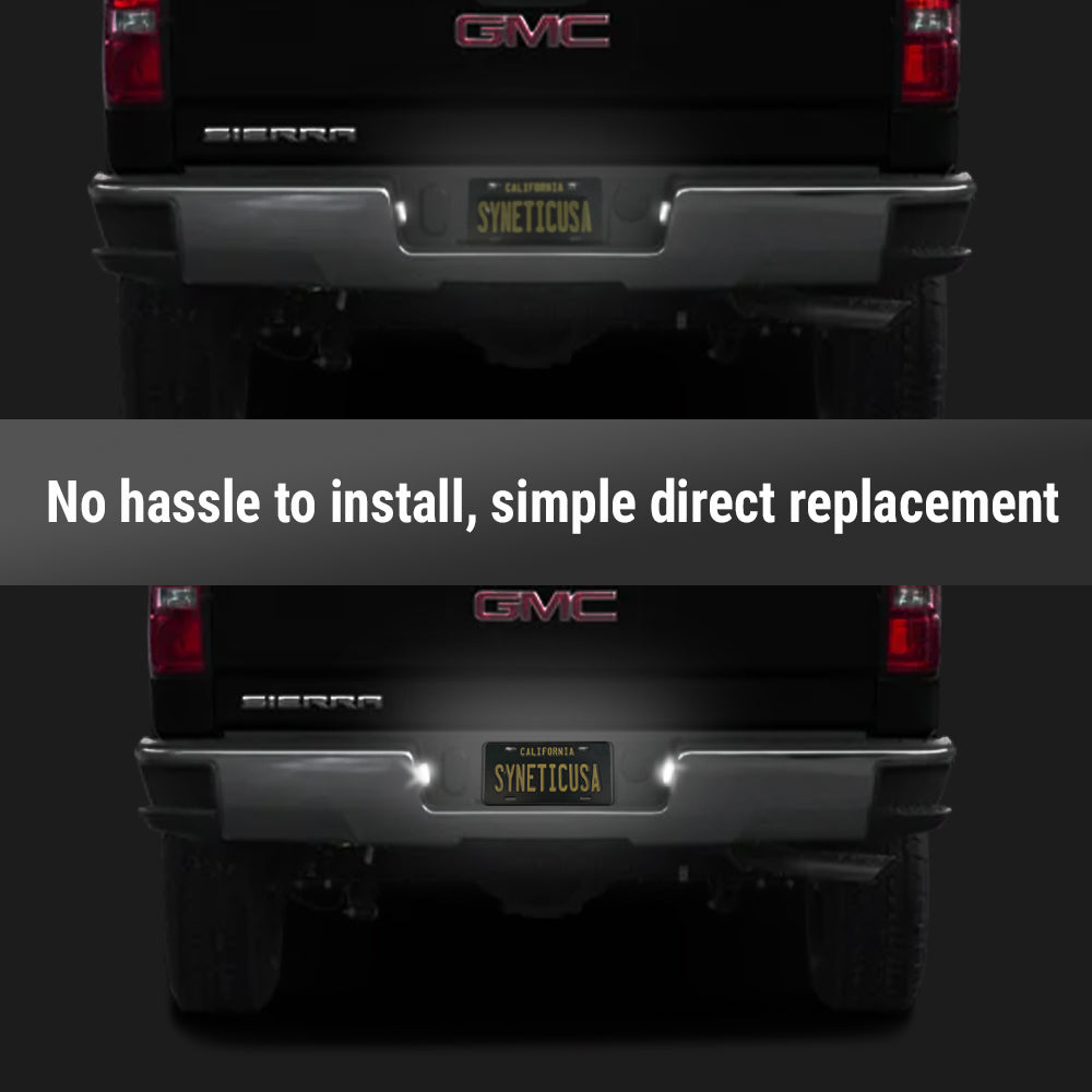 A product comparison showing a pair of bright white LED light bars mounted on the bumper of a black GMC Sierra truck. The top image shows the truck with no lights illuminated, and the bottom image shows the same truck with the white light bars turned on, casting a bright glow.