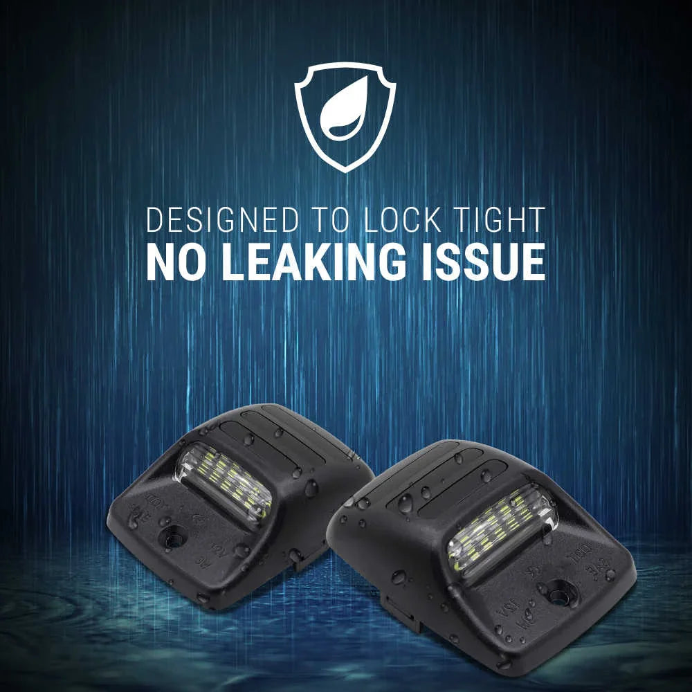 Two black LED license lights with a blue background and text about tight sealing and no leaking issue.