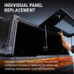 A close-up of a black vehicle hardtop or storage canopy panel being opened, with a human arm reaching inside to demonstrate access. Large text reads 'INDIVIDUAL PANEL REPLACEMENT,' and a lower caption explains replacing a damaged panel instead of the whole cap to reduce maintenance costs and downtime.