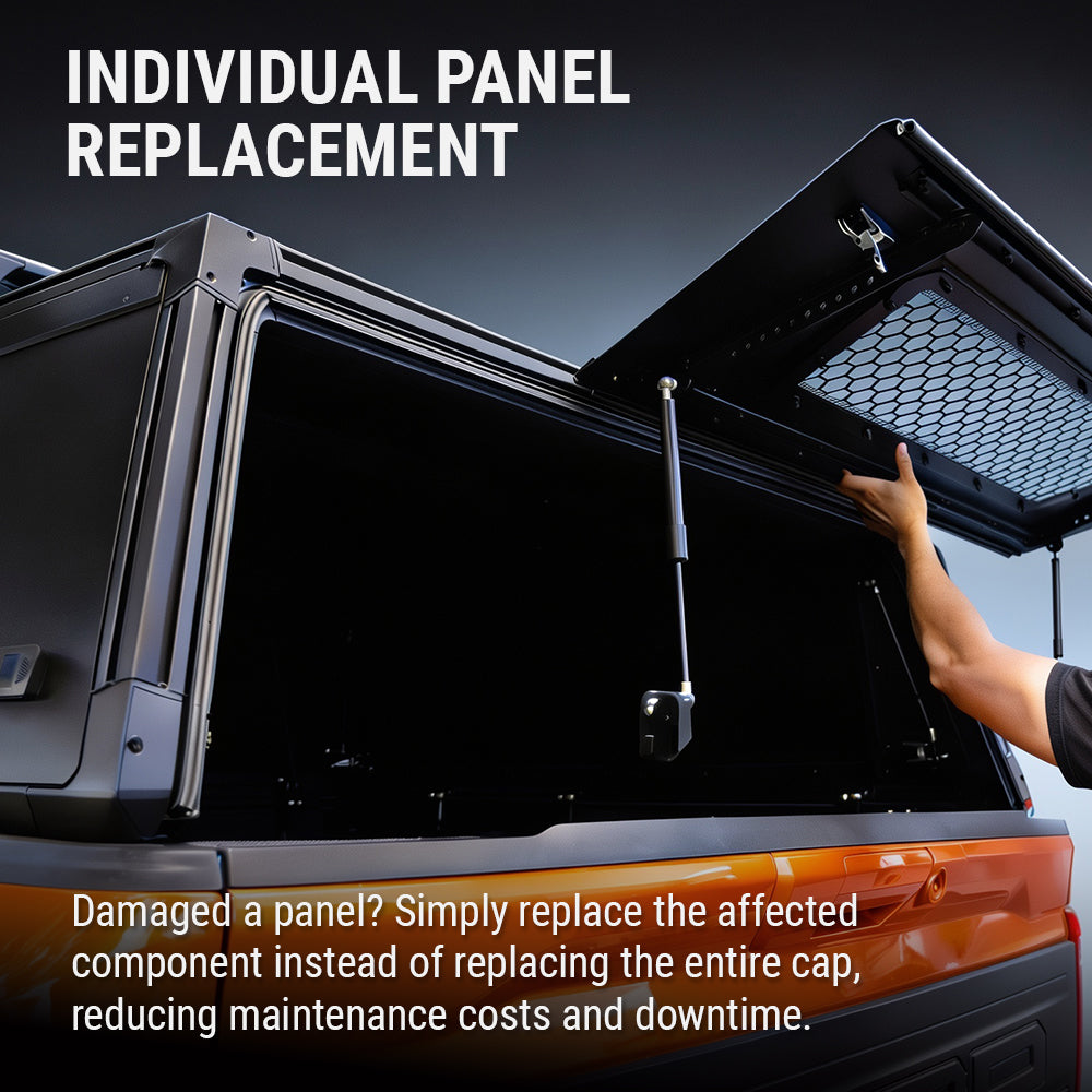 A close-up of a black vehicle hardtop or storage canopy panel being opened, with a human arm reaching inside to demonstrate access. Large text reads 'INDIVIDUAL PANEL REPLACEMENT,' and a lower caption explains replacing a damaged panel instead of the whole cap to reduce maintenance costs and downtime.