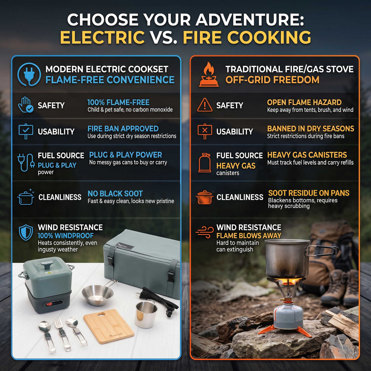 An infographic comparison graphic titled 'CHOOSE YOUR ADVENTURE: ELECTRIC VS. FIRE COOKING' with blue and orange columns comparing features of an electric cookset versus a traditional fire/gas stove.