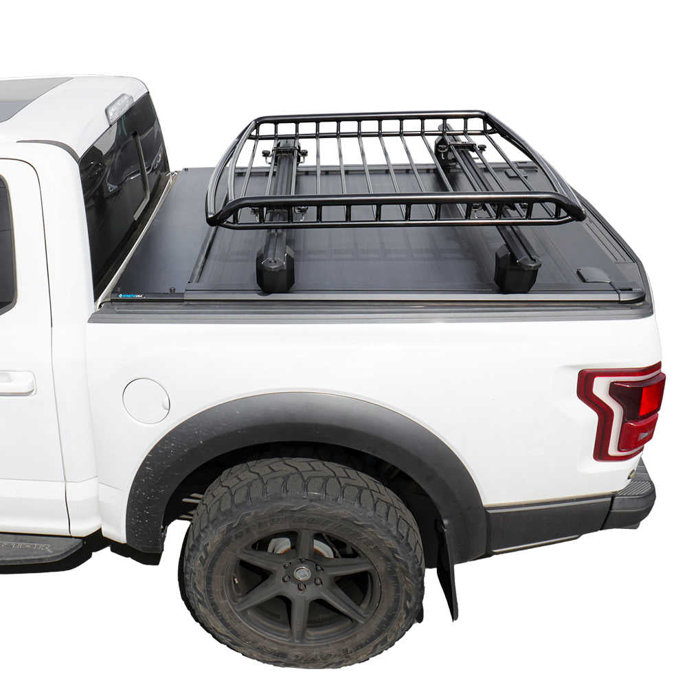f150 raptor with syneticusa MR retractable PRO + crossbar + cargo basket on a white background