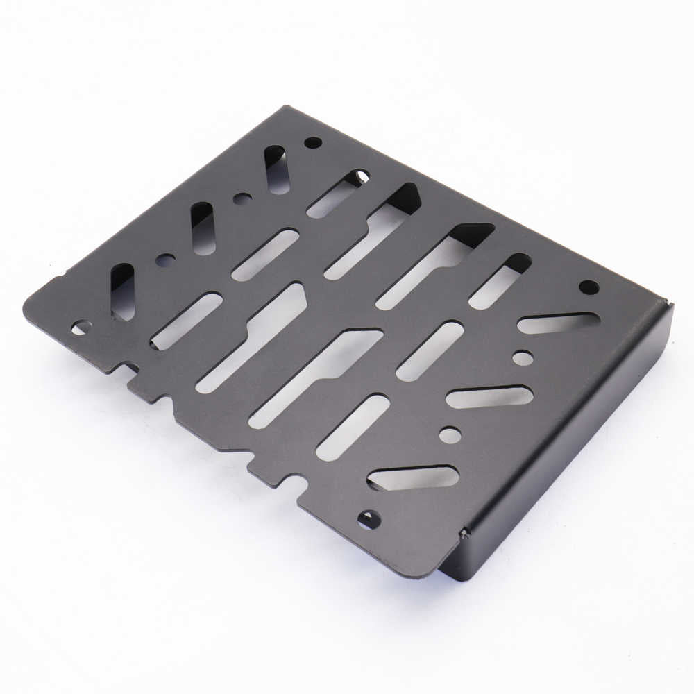 A black metal mounting bracket with multiple cutouts, shown on a plain white background.