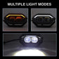 Three different light modes of a vehicle spot light on a dark background.