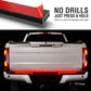 Red LED strip light for truck bed with text 'No Drills Just Press & Hold' on a white background.