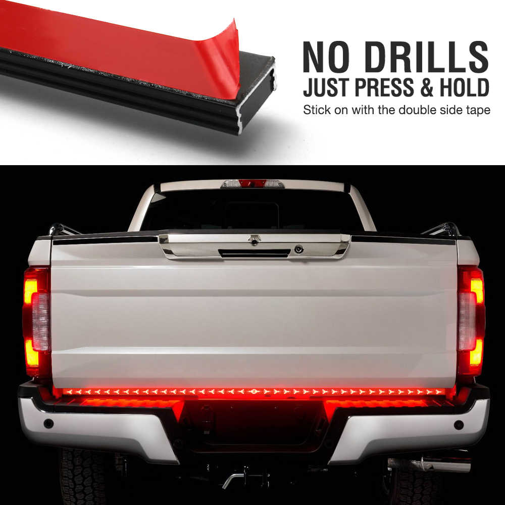 Red LED strip light for truck bed with text 'No Drills Just Press & Hold' on a white background.