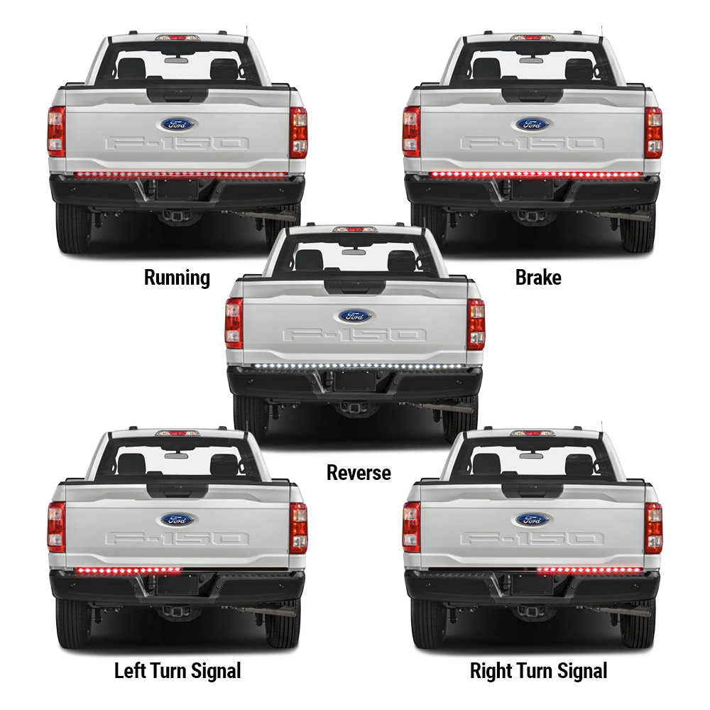 Set of five images showing a Ford truck with different light signals on its rear.