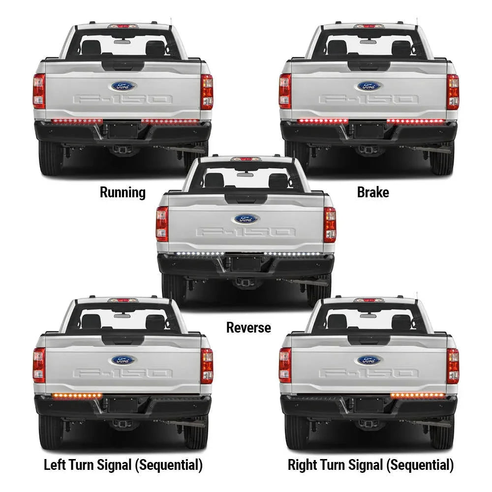 2 pcs 19.3" Single Row LED Flowing Tailgate Light Strip Brake Reverse Signal Light installed on truck