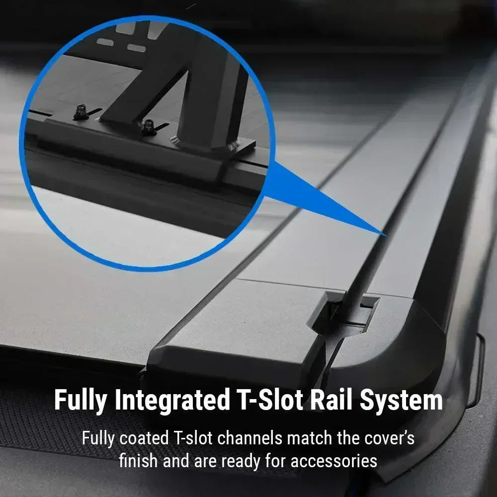retractable tonneau cover with T-slot rail system and close-up detail on a dark background