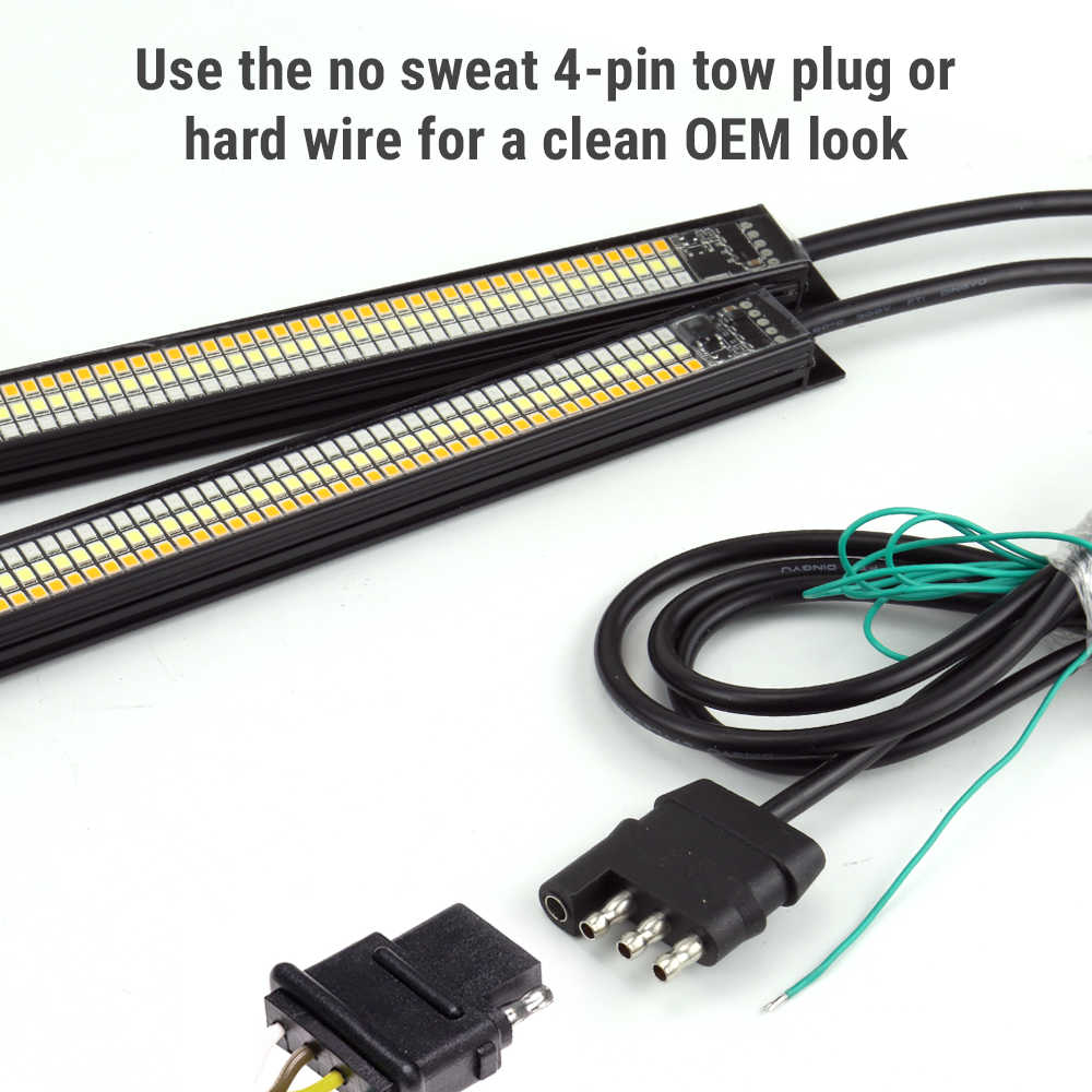 LED light bar with wiring harness on a white background