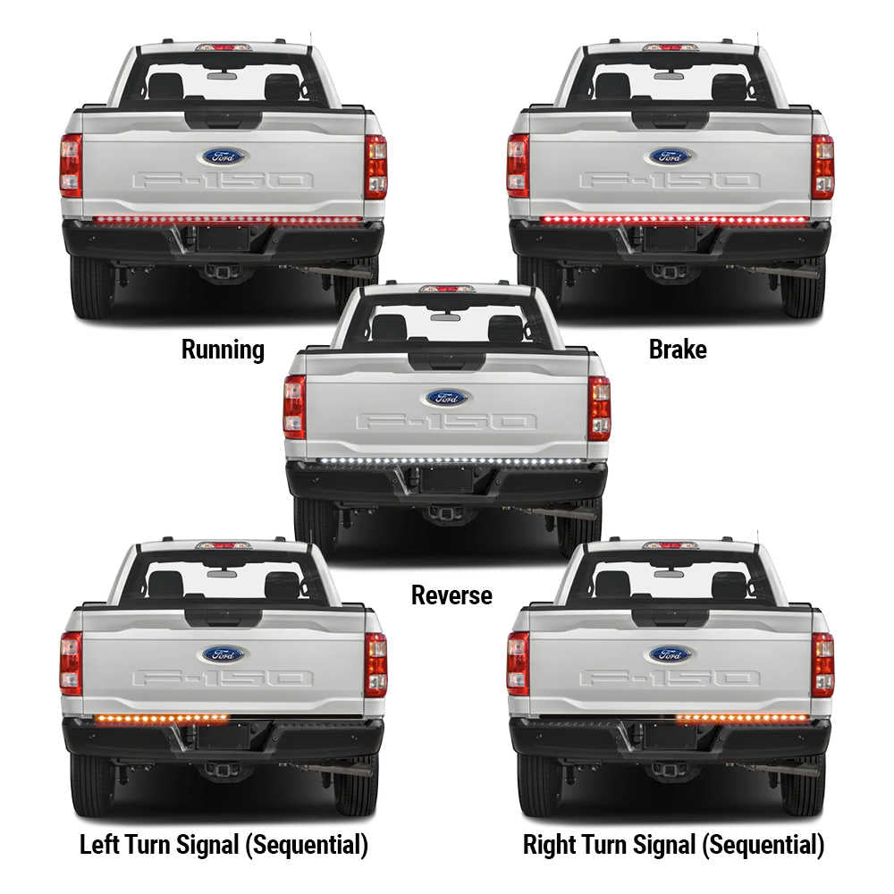 Illustration of a Ford truck with different light patterns on the back for running, brake, reverse, left turn signal, and right turn signal.