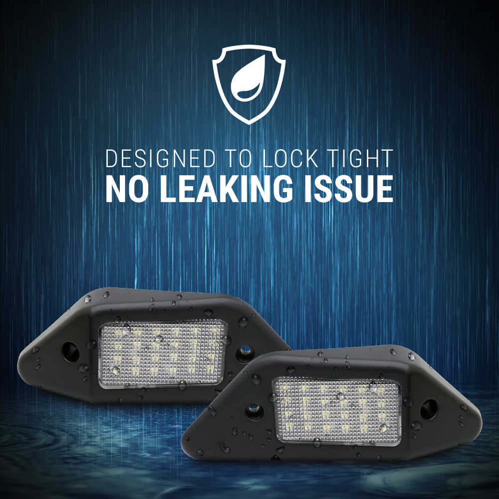 Two LED lights with a blue background and text about design and no leaking issue.