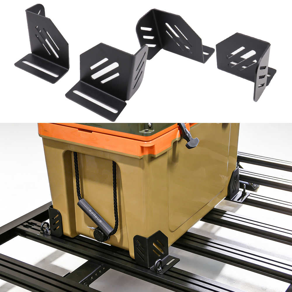 Set of black metal brackets on a white background with a beige cooler on a metal rack.
