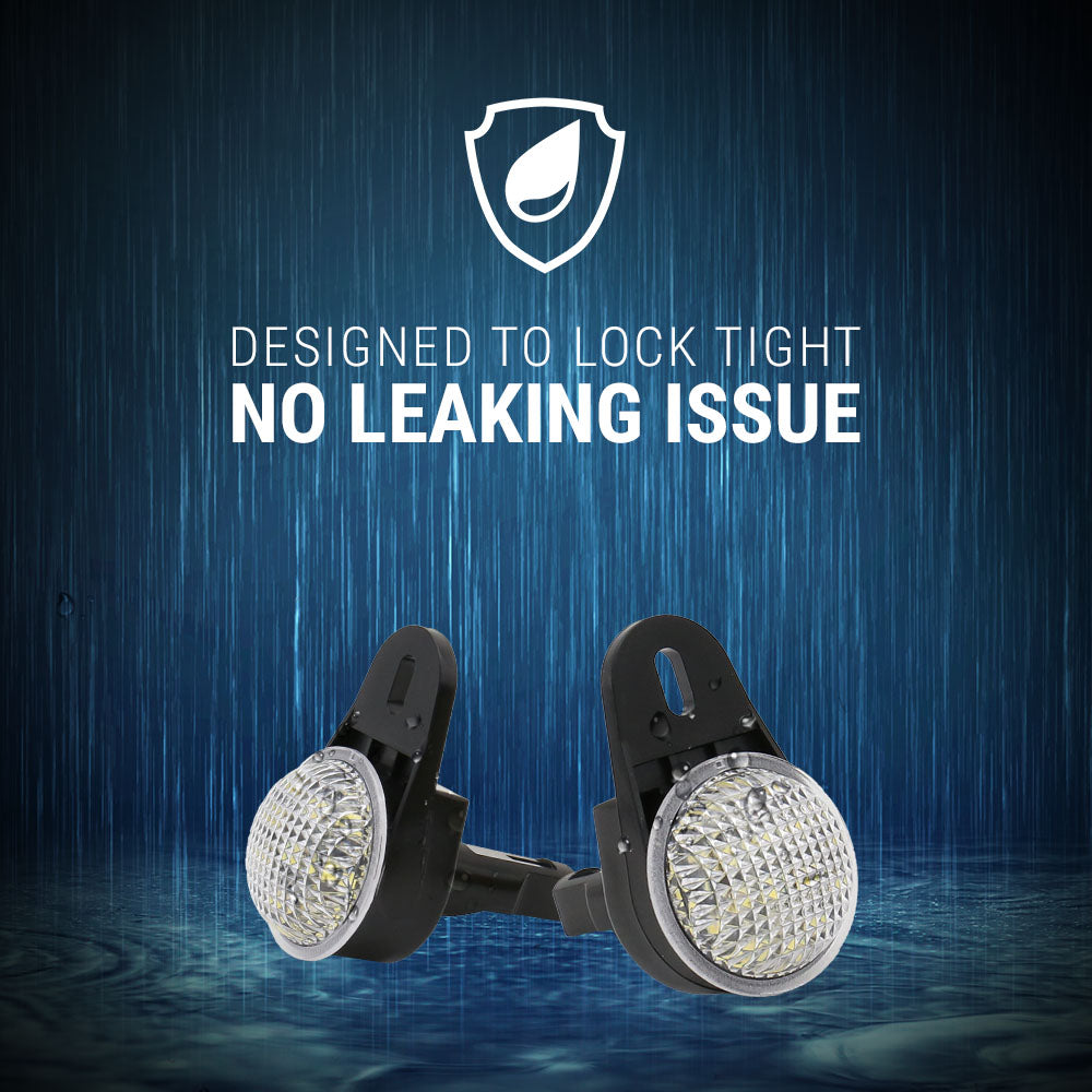 Two black waterproof LED wall lights shown against a dark blue rain-styled background with white text reading 'DESIGNED TO LOCK TIGHT NO LEAKING ISSUE' and a shield icon.