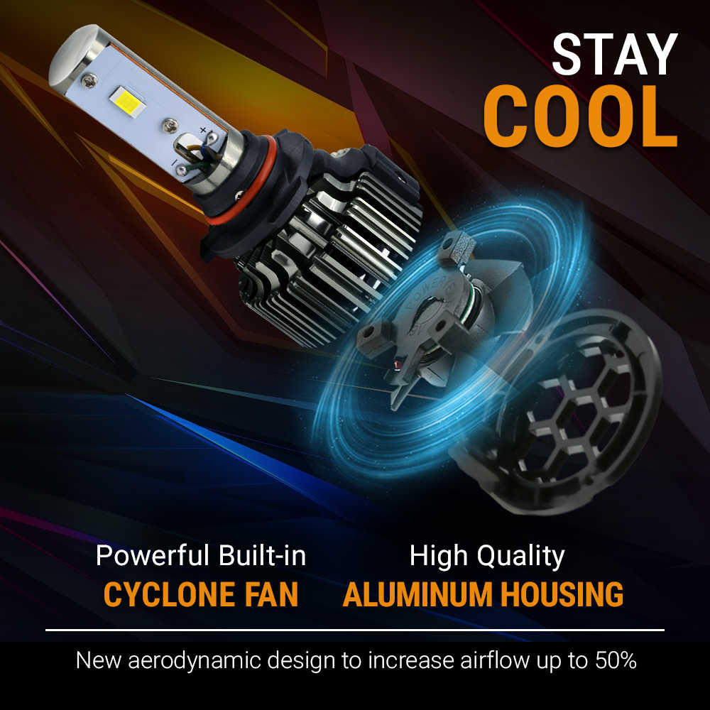 Car headlight with cyclone fan and aluminum housing on a dark background