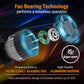 Fan bearing technology with components and text highlighting features on a dark background