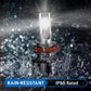 Headlight bulb with water splashes and 'Rain-Resistant IP65 Rated' text on a dark background