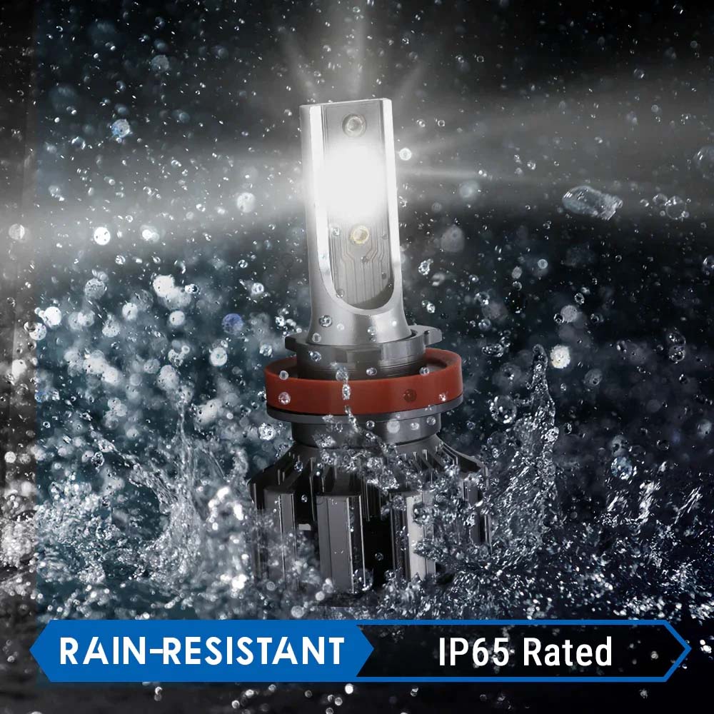 Headlight bulb with water splashes and 'Rain-Resistant IP65 Rated' text on a dark background