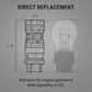 A gray informational graphic titled 'DIRECT REPLACEMENT' showing a line drawing of a small cylindrical LED bulb next to a faded bulb silhouette, with dimensions labeled 0.8 inches wide and 2.