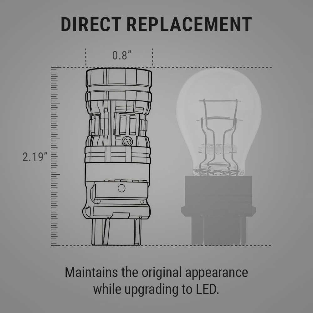 A gray informational graphic titled 'DIRECT REPLACEMENT' showing a line drawing of a small cylindrical LED bulb next to a faded bulb silhouette, with dimensions labeled 0.8 inches wide and 2.
