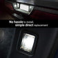 Car interior with a new light bulb being installed, text 'No hassle to install, simple direct replacement'.