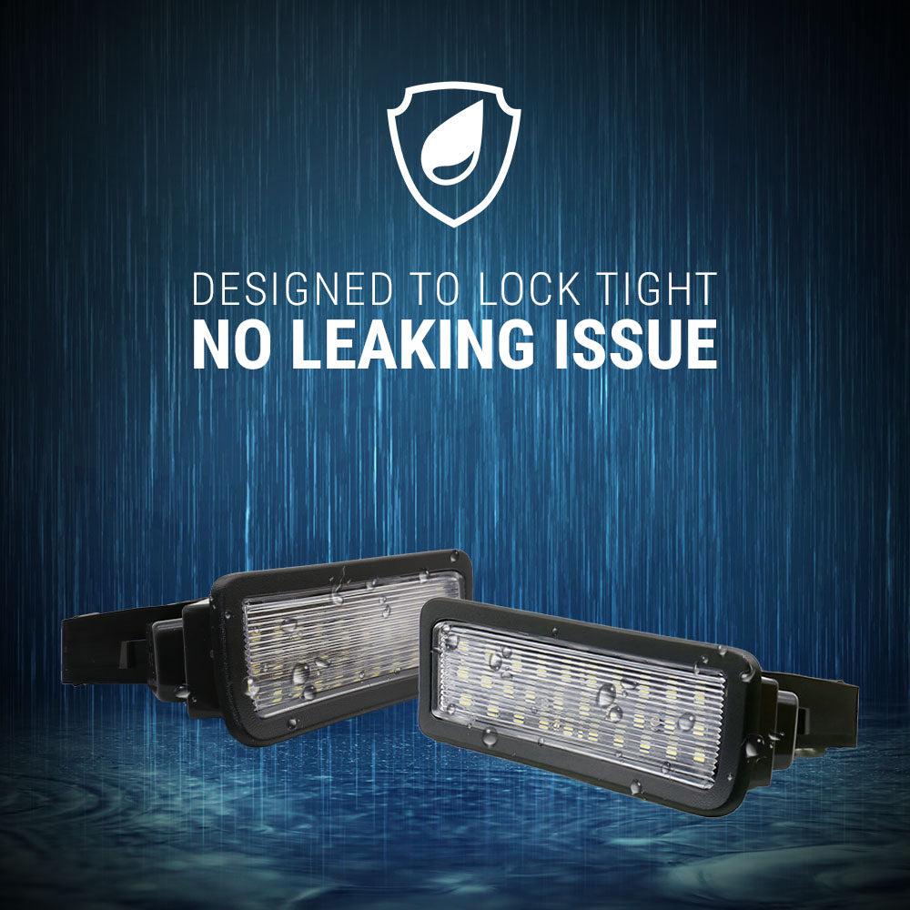 Two black rectangular LED light bars shown against a dark blue rain-themed background with white text reading 'DESIGNED TO LOCK TIGHT NO LEAKING ISSUE' and a white shield icon.