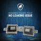 Two rectangular LED light units with gray housings and visible internal LED arrays, shown against a dark blue rain-styled background with white text reading 'DESIGNED TO LOCK TIGHT NO LEAKING ISSUE' and a shield icon.