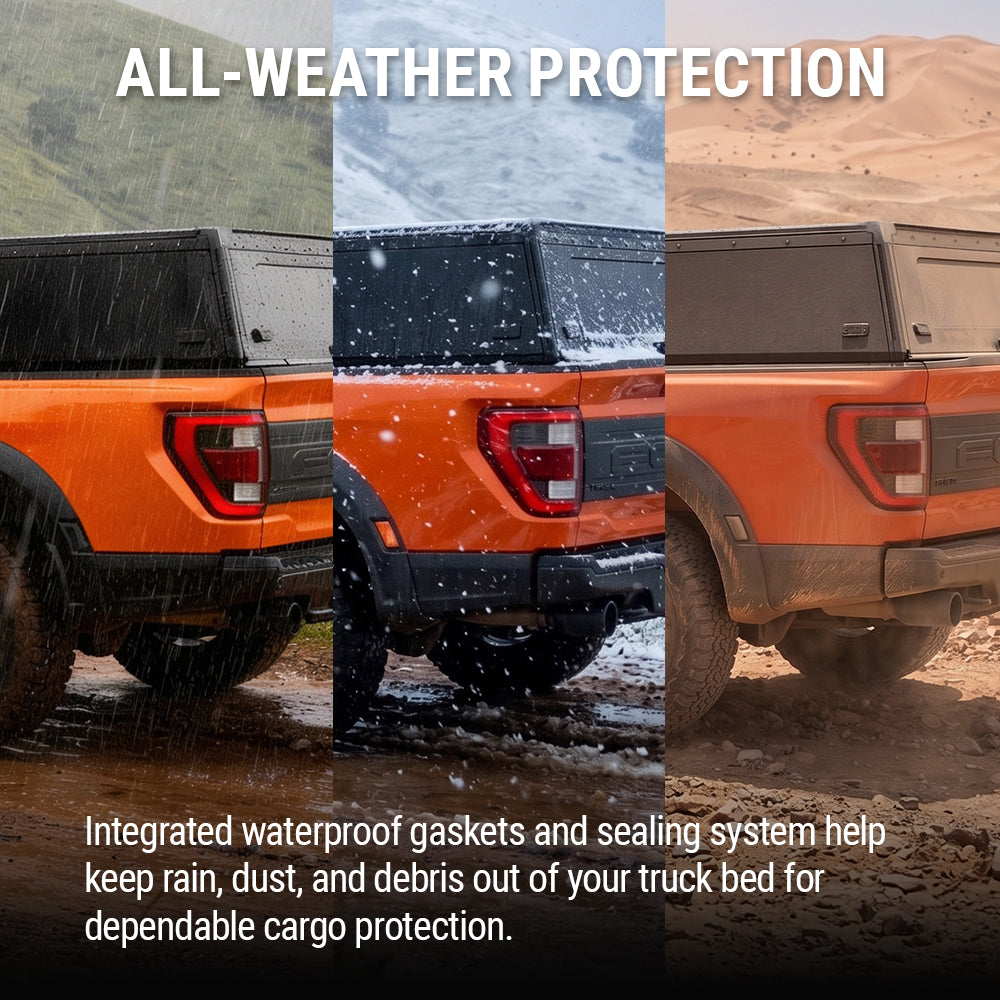 Promotional graphic showing an orange pickup truck from the rear in three outdoor scenes: rain, snow, and desert sand. Large text reads 'ALL-WEATHER PROTECTION' and a lower caption explains waterproof gaskets and sealing for cargo protection.