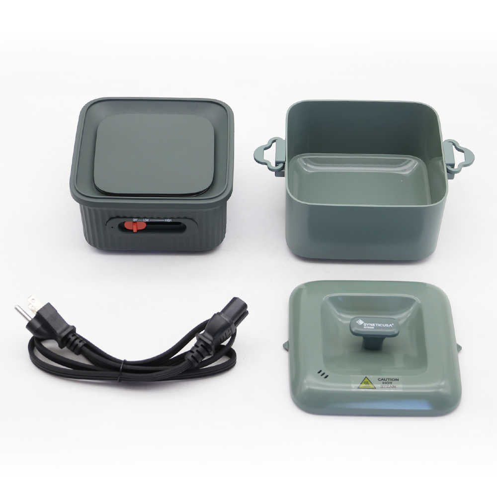 A 4-in-1 electric camping stove kit shown on a white background, including a dark gray burner base with a red switch, a matching gray pot, a gray lid, and a black USB charging cable.