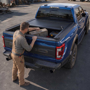 A man in work clothes stands beside a blue pickup truck in an outdoor lot, reaching into the bed where a black tonneau-style bed cover is installed. The truck tailgate shows a large '10' badge.