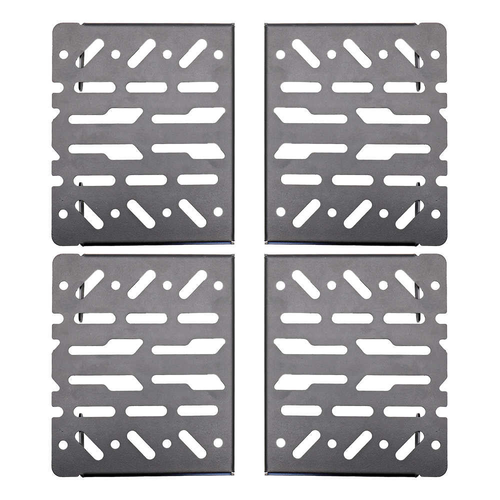 Four dark gray metal mounting brackets arranged in a 2x2 grid on a plain white background.