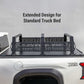 Black metal truck bed rack with extended side rails mounted on the bed of a white pickup truck, with text overlay reading 'Extended Design for Standard Truck Bed'.