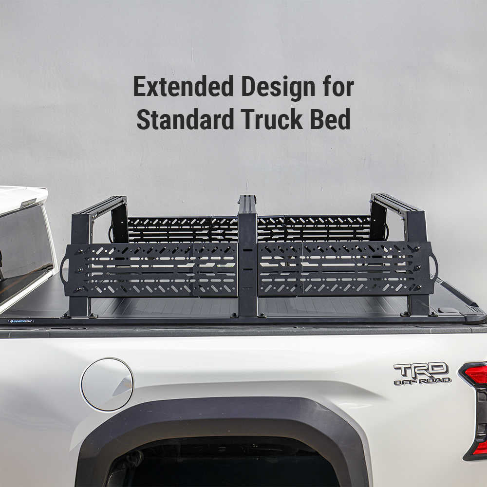 Black metal truck bed rack with extended side rails mounted on the bed of a white pickup truck, with text overlay reading 'Extended Design for Standard Truck Bed'.