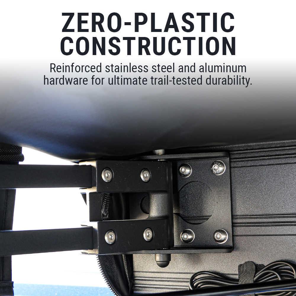 Close-up of a roof rack system with text highlighting zero-plastic construction using stainless steel and aluminum.