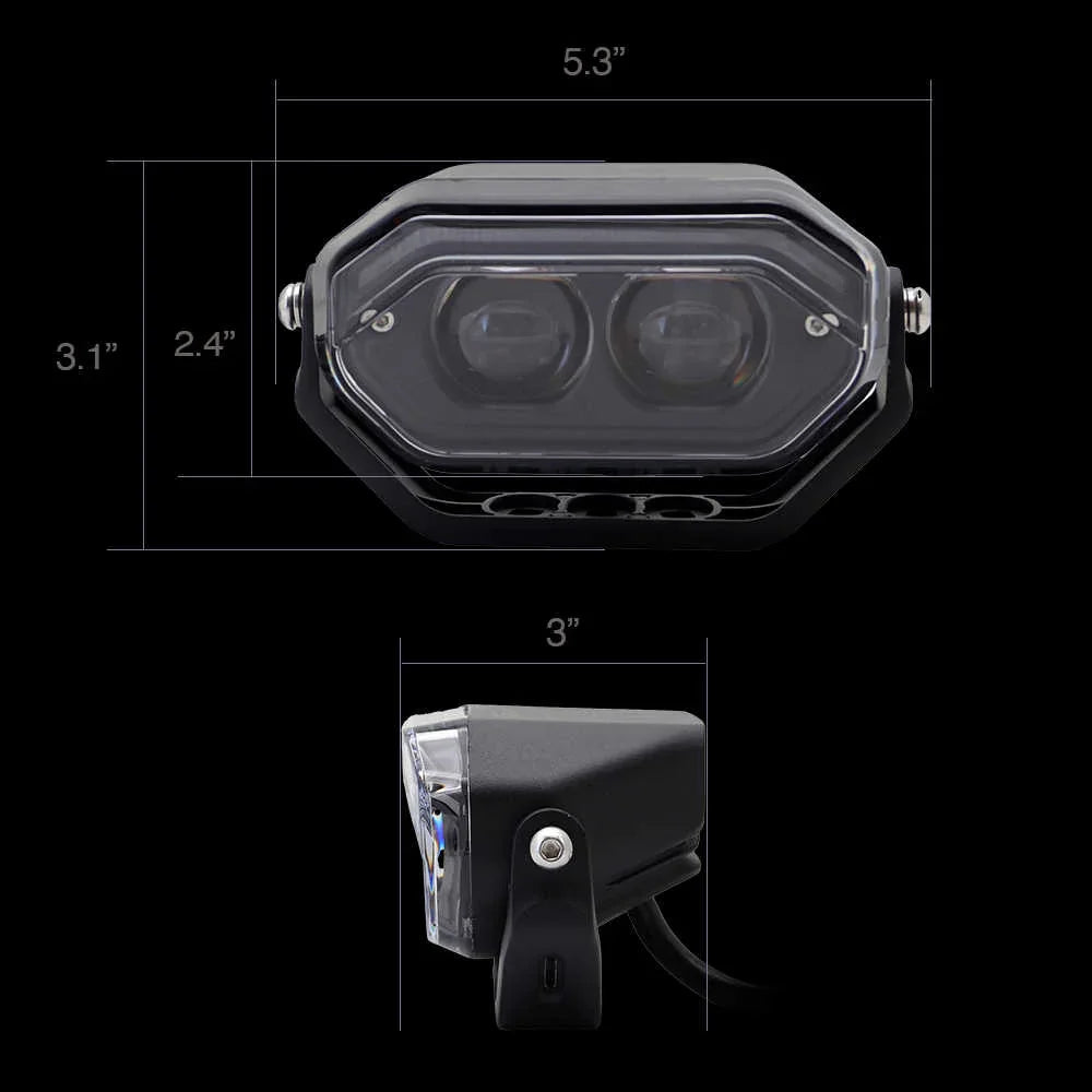 Measurement chart of a black spot light with dimensions labeled on a white background